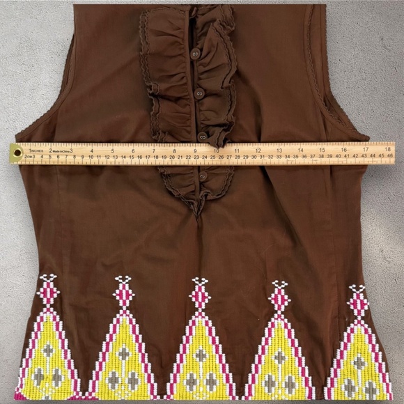 Tory Burch Embroidered Embellished Brown Colorful Blouse Ruffled Size 6 - Picture 3 of 7